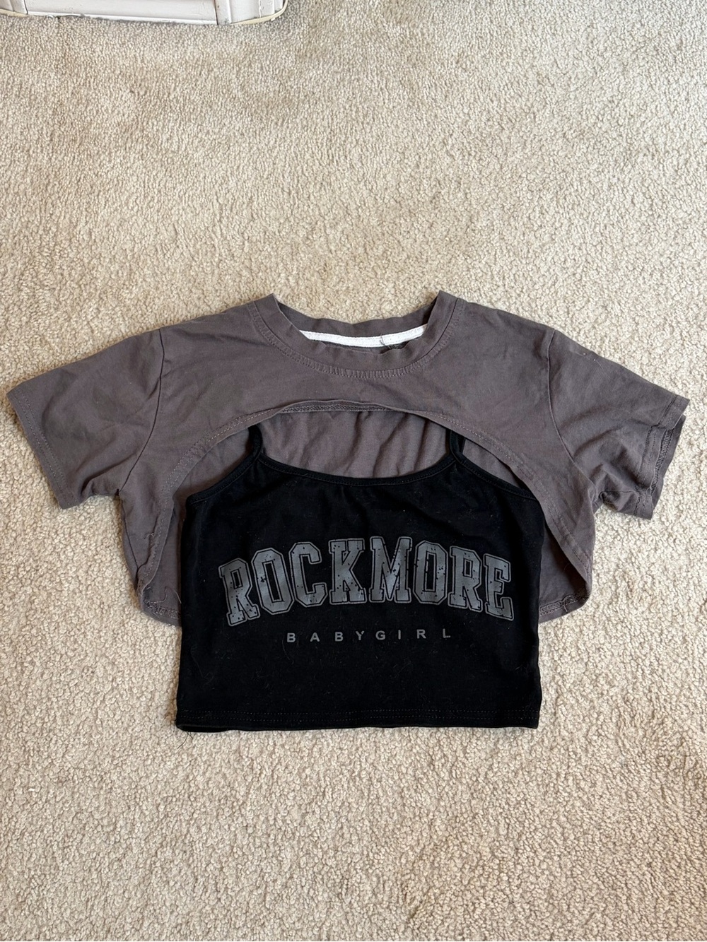 Y2K Layered 2-Piece Crop Top Grey Shrug & Black Cami Graphic Tee
